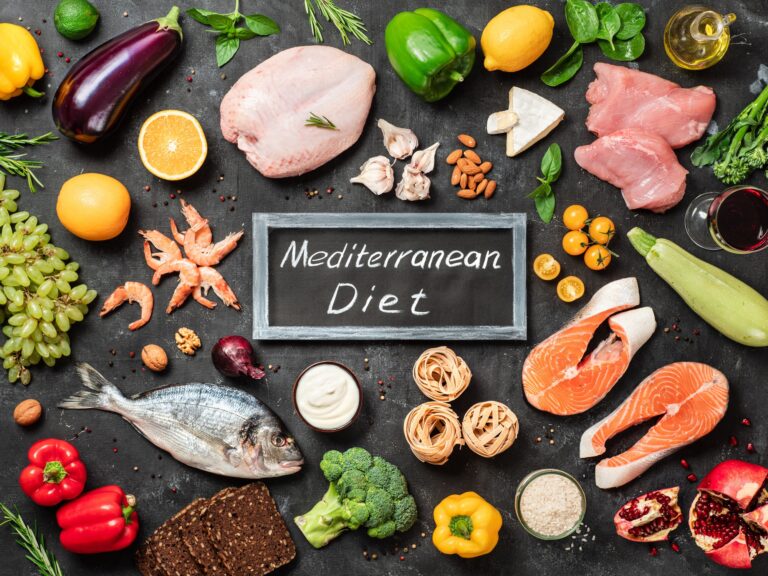 Mediterranean diet concept, flat lay