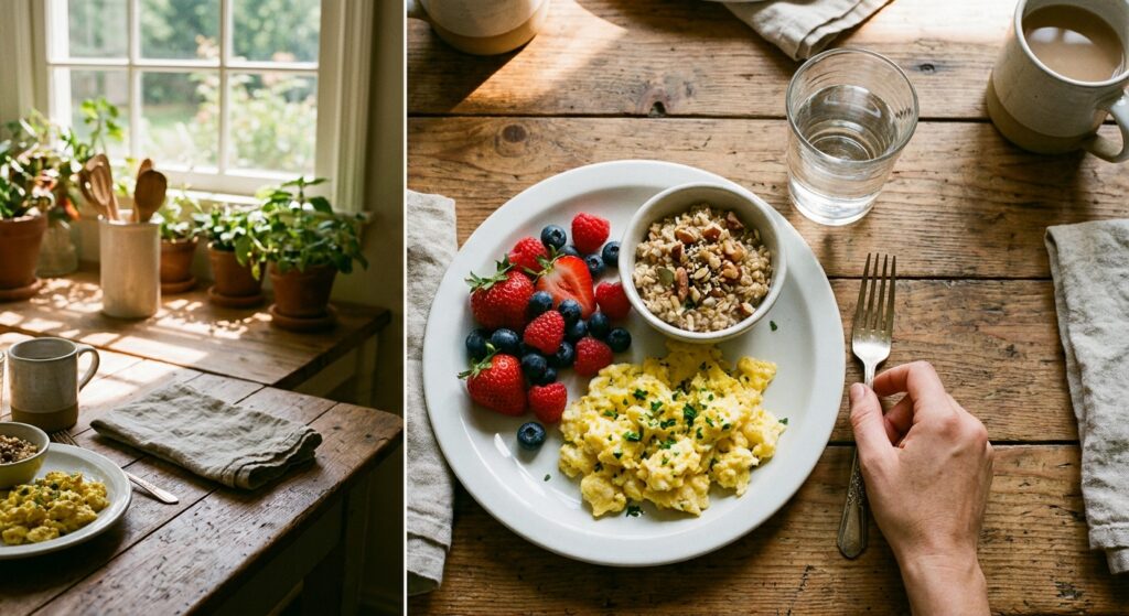 Healthy breakfast plate with eggs, oats, and berries on wooden table with natural morning light