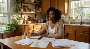 Woman reviewing medical weight loss clinic information and health documents at kitchen table
