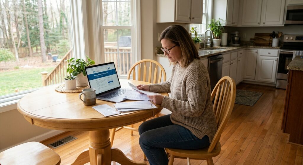 Woman reviewing health insurance documents and medical paperwork at home while researching weight loss treatment coverage options
